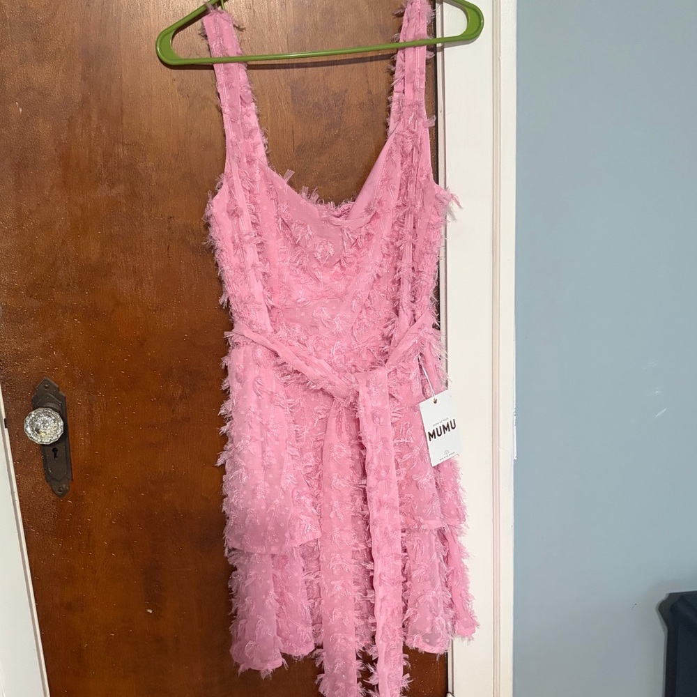 Show Me Your MuMu Blush Feathered Mini Dress